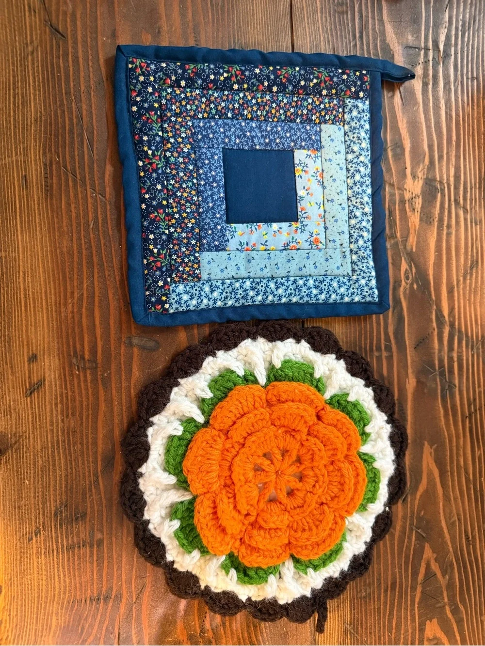 Handmade Quilted Blue Patchwork Pot Holder and Orange Floral Crochet Trivet Set